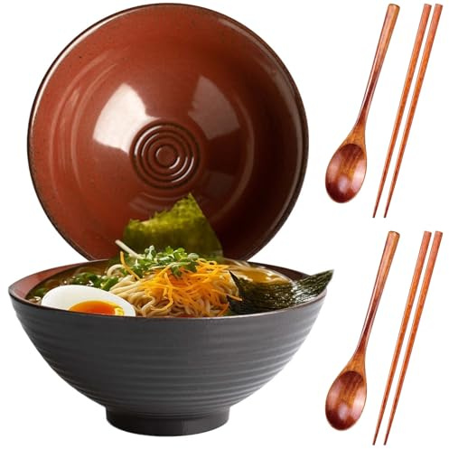 DecorDwell Set di 2 Ciotole in Ceramica per Ramen, con Bacchette e Cucchiai, 1200ml, Set Bowl Ramen per Noodle Istantanei, Pho, Pasta, Insalata, Lavastoviglie, Stoviglie Asiatiche (Marrone)