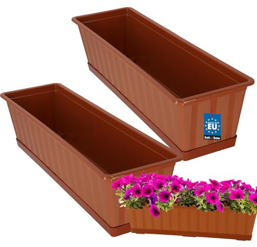 KOTARBAU® Blumenkasten für Balkon mit Untersetzer, 60x18x14 cm, 2er Set | Balkonkästen, Blumenkasten für Fensterbank außen, Balkon Pflanzkasten rechteckig, Balkonkasten aus Kunststoff, Terrakotta