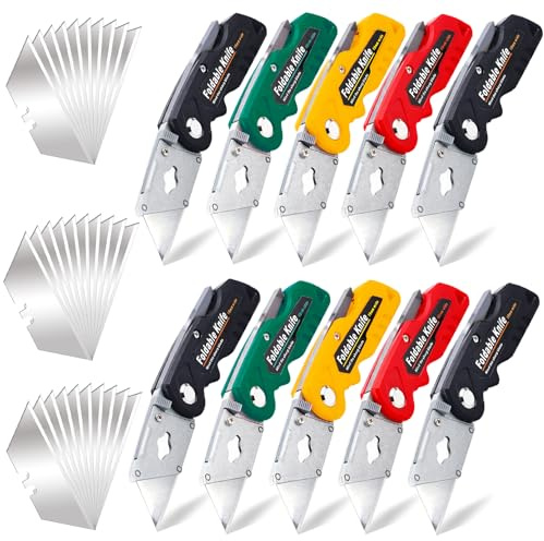 Kinmsito 10 Stück Universalmesser, Klappmesser, Schwarz, Rot, Gelb, Grün | Mit 30 Ersatzklingen, Mit Gürtelclip, Faltbar for Karton, Teppich, Tapeten, Heimwerker and Outdoor