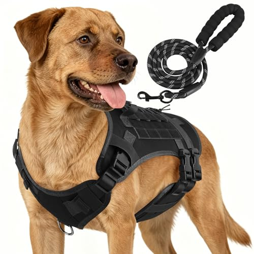YooxArmor Hundegeschirr Grosse Hunde und Leine Set,Schwarz L | Taktisches Anti Zug Geschirr mit Griff & 2 D-Ringen,No Pull Verstellbar,Atmungsaktiv & Sichere Führung,Einfach Anzulegen