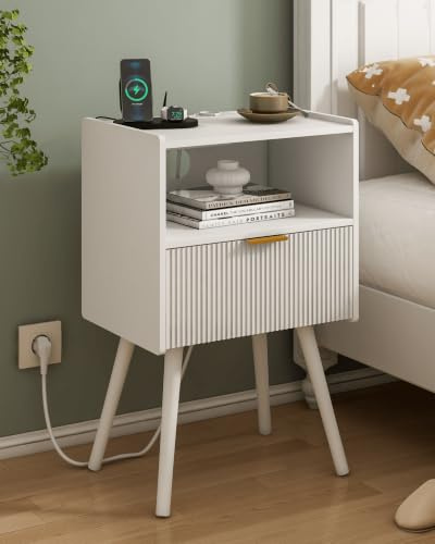 JERX Nachttisch, Moderner Betttische mit Aufbewahrungsschublade und offener Holzablage, für Wohnzimmer, Schlafzimmer und kleine Räume, Akzent-Nachttisch mit Massivholzbeinen, einfache Montage (Weiß)