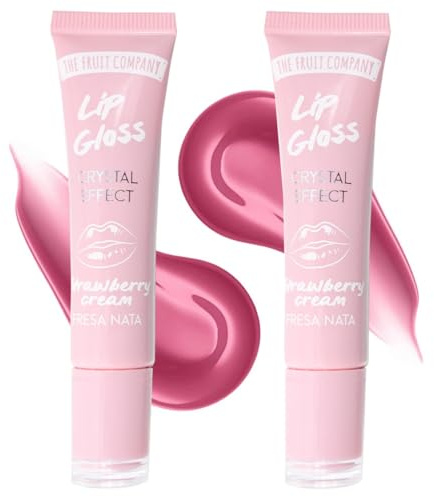 The Fruit Company Lip Gloss Crystal Effect Brillo de Labios Hidratante con Aplicador de Silicona Pack de 2 Unidades (Fresa Nata, Sandía, Melocotón, Café) Efecto Brillo Intenso (FRESA NATA)