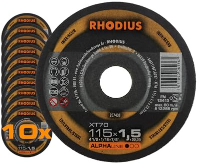 RHODIUS XT70 | 10 Stück Ø 115 mm x 1,5 mm | Trennscheibe Metall | Extra dünn| für Winkelschleifer, Edelstahl, INOX, Stahl, Eisen, Hartmetall