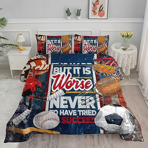 Datura home Kids Comforter Set Football Baseball Printed Pattern Bedding Set with 1 Comforter and 2 Pillowcases for Girls Boys Bedroom All Season(Baseball Queen)