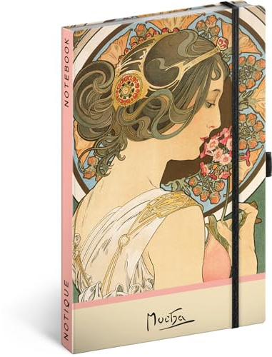 NOTIQUE Notizbuch Gepunktet mit Gummiband 13x21cm ca. A5 - Alphonse Mucha | Das Hardcover Notebook Dotted als Notizblock, Notizheft, Journal und Tagebuch für Erwachsene, Damen bietet 172 Seiten.