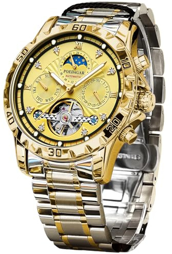 FORSINING Mechanical Men's Watch, Moon Phase Tourbillon Automatic Self-Wind Wristwatch, Luxury Stainless Steel Band 43mm Big Dial Mens Wrist Watch with 3 Sub Dial, Gold Gold, Classic, Modern