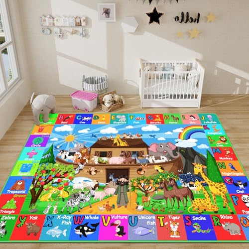 DINSUMRUG ABC Kids Rug for Playroom 59×39.4 in Noah's Ark Animals Rug Baby Play Mat Alphabet Mat Shape Color Classroom Carpet Kids Playroom Early Learning Carpet for Preschool Toddlers Tummy Time