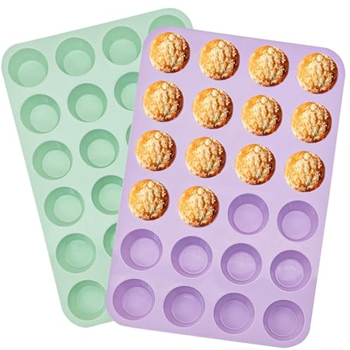 LERIYUFS 24 Cups Silicone Mini Muffin Pan Set, Nonstick Mini Cupcake Pans, BPA Free Small Muffin Tin for Baking, Set of 2 (Green+Purple)