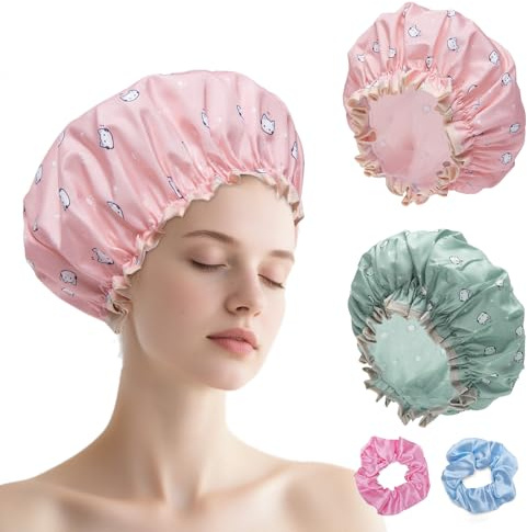 CHAOFANXI 2 Sets Shower Caps for Women Girls, Reusable Shower Cap, Environmental Protection Hair Bath Caps, Double Waterproof Layers Bathing Hat, Large Size for All Hair Lengths, Green Purple