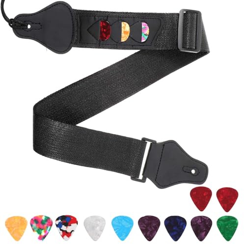 Wanmu Gitarrengurt, Verstellbare Geflochtene Bass E-Gitarre Gurte mit Lederenden Ende 3 Gitarrenplektrum 10 Plektrumhaltern für Westerngitarre, Akustikgitarre (Schwarz)