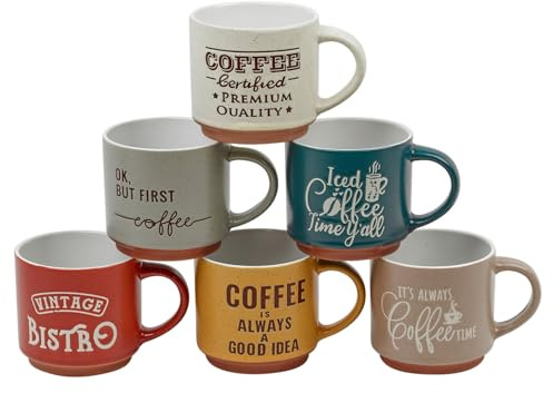 URBNLIVING Lot de 6 tasses à café en céramique de style vintage - Couleurs assorties - Passe au lave-vaisselle et au micro-ondes - Idéal pour la maison ou le bureau - 120 ml et 260 ml