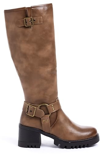 URBAN ROSA Stivali Donna Biker con Tacco a Blocco, Fibbie Decorative e Suola Antiscivolo – Stivali Moto alla Moda (Marrone, 38 EU, Adulto, 38, Numero, Sistema Taglie Calzature EU, Media)