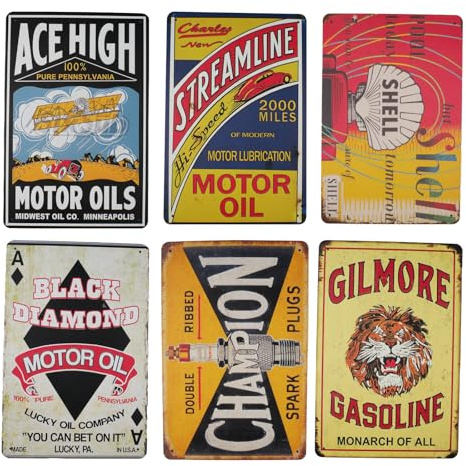 Doafoce Letreros de metal vintage con imágenes retro para cochera, fotos para cueva de hombre | Cuadros de metal de estaño para pared, pósteres artísticos para garaje, pub, accesorios, hogar, bar, taller (6 unidades)