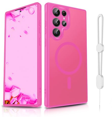 Dizn Coque de protection magnétique pour Samsung Galaxy S22-Ultra 5G : protection d'objectif, pour bande MagSafe, mat et translucide, avec anneau magnétique intégré, pour fille, rose rouge