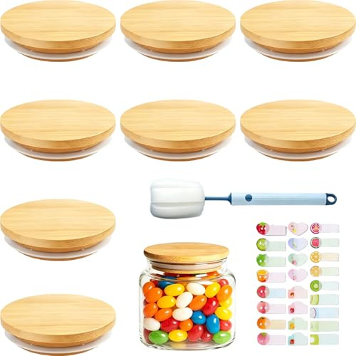 ROVENLIFEGO 8 Pcs Bamboo Lids for Gü Pots, Cheesecake Jars, Yogurt | Yoghurt Pot Lids, Ramekins with Lids, Airtight Silicone Can Covers, Reusable Storage Can Lids