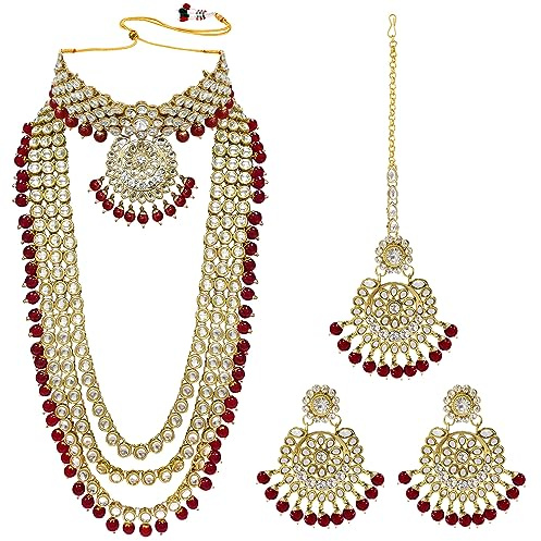 Aheli Wedding Designer Faux Kundan Beaded Indian Heavy Bridal Set Long Choker Necklace Earrings with Maang Tikka Traditional Jewelry for Women (Red)