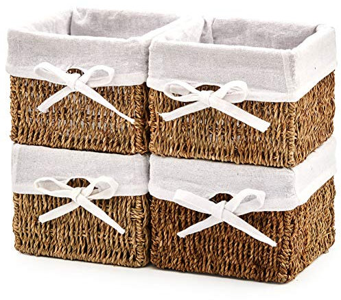 EZOWARE 4er-Set Seegras Natürlich Gewebter Aufbewahrungskorb, Geflochtene Quadratische Handgewebte Organizer-Aufbewahrungsbehälterboxen mit Einsatz Für Babyzimmer, Kinderspielzeug, Zuhause, 18x18x14cm
