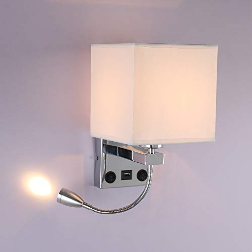 ALLOMN Bedside Wall Light, LED Reading Wall Lamp Modern Polished Chrome Walls Lamp with Adjustable Gooseneck Spotlight, Double Switches Walls Sconce with USB Port to Charge E27 (with USB, 1 PCS)