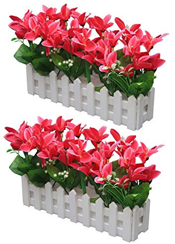 Flikool 2pcs Künstliche Orchideen im Topf Dekorativ Seidenblume Blumengestecke Künstliche Pflanze mit Holzzaun Lilien Kunstblumen Kunstpflanzen Bonsai für Balkon Zuhause Hochzeit Büro Deko - Rose