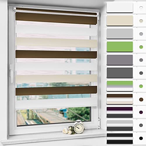 Magiea Doppelrollo Klemmfix ohne Bohren & mit Bohren, Weiß-beige-braun B80 x H130 cm Stoffbreite 76 cm, Klemmrollo lichtdurchlässig und Blickdicht, Fensterrollo Sonnenschutzrollo für Fenster