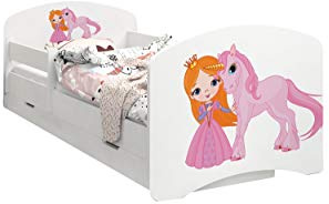 Happy Babies - Doppelseitiges Kinderbett MIT SCHUBLADE Modernes Design mit sicheren Kanten und Absturzsicherung Schaumstoffmatratze 7 cm. (140x70, 40. Prinzessin und Einhorn)