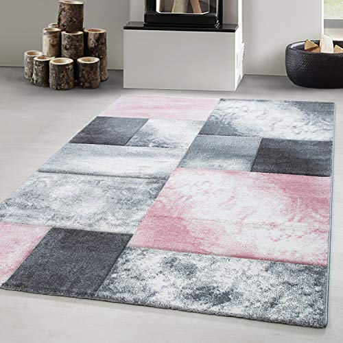 Carpetsale24 Teppich 120x170 cm – Kurzflor Konturenschnitt in Pink Grau Weiß – Kariertes Design, Extra Weich, Waschbar, Pflegeleicht – Für Wohnzimmer, Schlafzimmer, Esszimmer