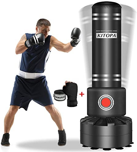 Kitopa Freestanding Punching Bag, 70-205lbs Springy Heavy Bag with Hand Wraps, Tear-Resistant, Fast Rebound, Long-Term Onslaught of Kicks Suction Cup Base Stand for Adult Youth