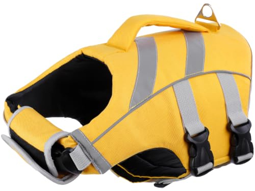 Kuoser Schwimmweste Hund, Hundeschwimmweste mit Griff & D-Ring, Gelb L | Schwimmweste für Hunde, Hervorragender Auftrieb Schwimmweste Hund klein mittel groß, Hohe Sicherheit Hundeschwimmweste