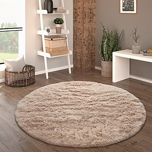 Paco Home Hochflor Teppich Rund Wohnzimmer Schlafzimmer rutschfest Shaggy Modern Flauschig Einfarbig Langflor Kunstfell, Grösse:120 cm Rund, Farbe:Beige
