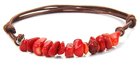 JIANGZ Bracelet Pierre Naturelle, Corde Marron Avec Corail, Tissé D'Amitié Charme Réglable, Bijoux Porte-Bonheur Chakra Pour Femme, Vacances À La Plage