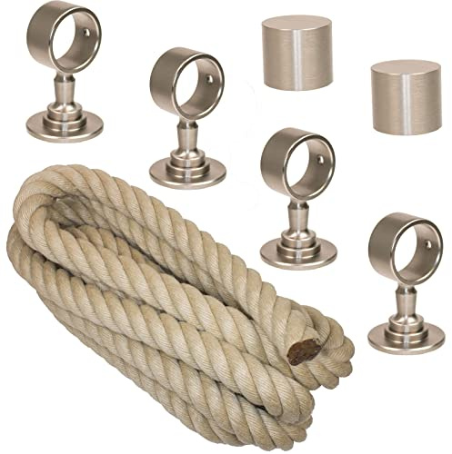 Handlaufseil-Set Ø 30 mm – 4 m Polyhanf-Seil „Nature Touch“ naturfarben mit 2 Endkappen & 4 Seilträgern, vernickelt | Treppe & Geländer