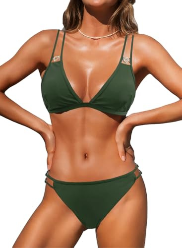 NLAND Costume Donna Due Pezzi Costumi da Bagno 2 Pezzi Bikini Set Regolabile Halter Reggiseno Bikini Top Triangolo Tanga Brasiliana Beachwear(Verde,L)