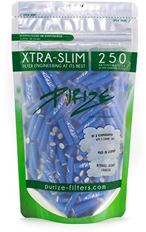 Xtra Slim Filter Tips Bags with Activated Charcoal by Purize (x250)-250pcs-Blue