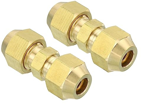 PATIKIL 1/4 OD Brass Flare Union Connector, 2 Set Air Conditioning Copper Double Pipe Extension Joint Connectors Pipe Hose Fitting with Nut, 1.22 x 0.43inch