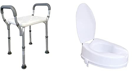 Mobiclinic, Silla Ducha Mayores, Taburete baño Adultos, Acueducto, Marca española, Ortopédica, Aluminio, PVC & Elevador WC para Adulto, con Tapa, 10 centímetros