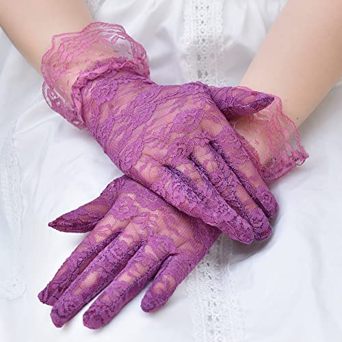 SYSUII Spitzen Handschuhe Damen,Vintage Opernhandschuhe Blumen Damen Sommer UV Sonnenschutz Handschuhe Brautkleider Handschuhe Fasching Kostüm Accessoires Fahrhandschuhe für Hochzeit Party -Lila