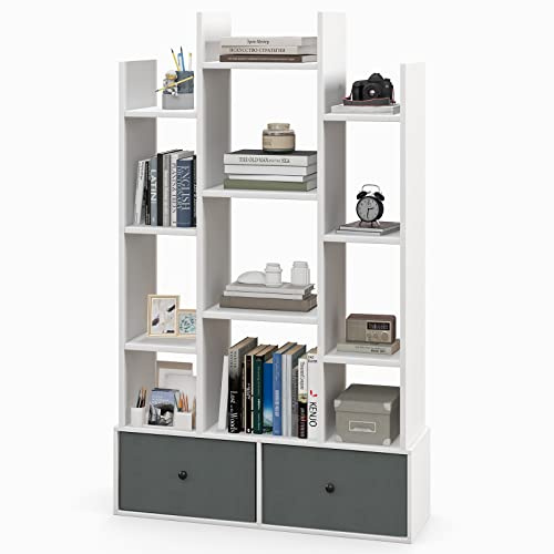 GOPLUS Bücherregal, Standregal mit Vliesschublade & Regalböden, Aufbewahrungregal für Wohnzimmer, Arbeitszimmer (Weiß, 80 x 24 x 132 cm)