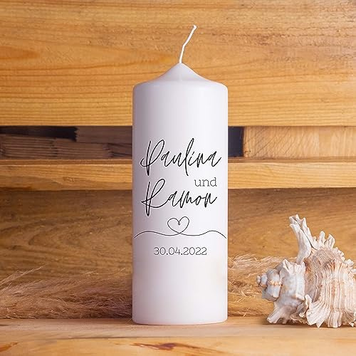 Hochzeitskerze | Monochrom | 15-30 cm Höhe | Traukerze | Personalisierte Kerze (Größe: 15 cm, Kerzenfuß: Ohne Strick/Dip)