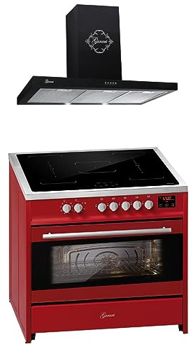 GURARI Induktionsspis E 913 R GCH 461 BL 9, range-kokare/elektrisk stående spis FLEX induktionshäll köksfläkt 90 cm, röd