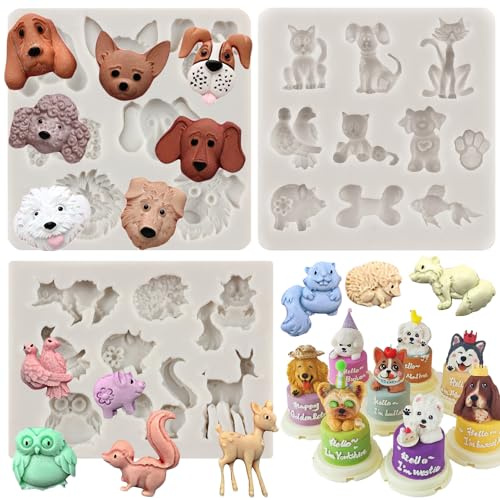 MYPRACS Lot De 3 Moules En Silicone En Forme D'animaux De La Forêt Chat Chien Écureuil Hérisson Hibou Oiseau Fondant Pour Décoration De Gâteaux Cupcakes Bonbons Chocolat Pâte À Gomme Argile Polymère