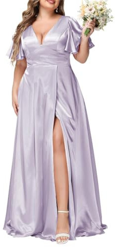 Women's Satin Bridesmaid Dresses with Pockets Short Sleeves A-Line Prom Dresses for Wedding Lilac UK22