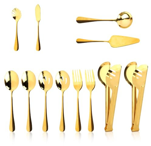 12pcs Gold Serving Utensils Sets, Stainless Steel Cutlery Set Include Serving Forks, Slotted Spoons, Tongs, Butter Knife Pie Server Soup Ladle for Party Buffet Banquet Kitchen Hotels