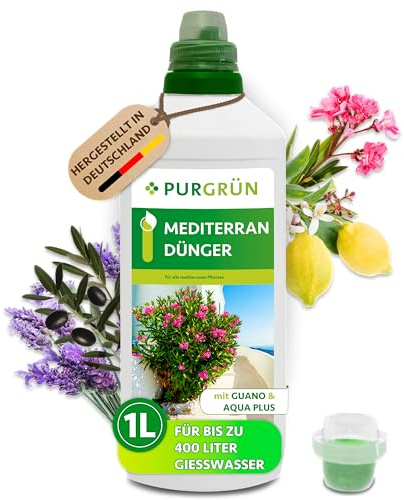 Purgrün® Mediterran-Dünger 1 Liter – Organisch-mineralische Rezeptur – Premium-Flüssigdünger mit Spurennährstoffen – NPK 8+8+6 – Mit Guano & Aqua Plus – Für leuchtende Blüten & gesundes Wachstum