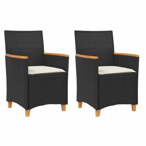 vidaXL Gartenstühle mit Kissen 2 STK. Schwarz Poly Rattan Massivholz