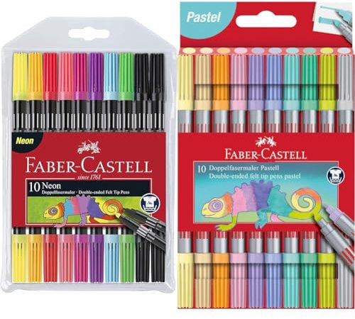 Faber-Castell 151109 - Filzstifte Set Neon, 10 Doppelfasermaler für Kinder und Erwachsene & 151112 - Filzstifte Set Pastell, 10 Doppelfasermaler für Kinder und Erwachsene