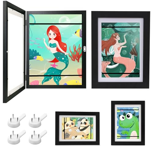 Gemtte Bilderrahmen Kinderzeichnungen A4, 2 Stück Befüllba Kunstfotorahmen Kinder, Holz Aufklappbar Kunst Rahmen Ideal für Kunstprojekte, Schule, Zuhause (Schwarz)