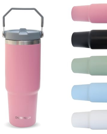CherryKelly 30oz (850ml) Travel Mug with Handle, Travel Tumbler with Straw Lid, Stainless Steel Vacuum Insulated Coffee Cup, Double Wall Travel Flask Car Mug, Leak Proof Water Bottle - Pink