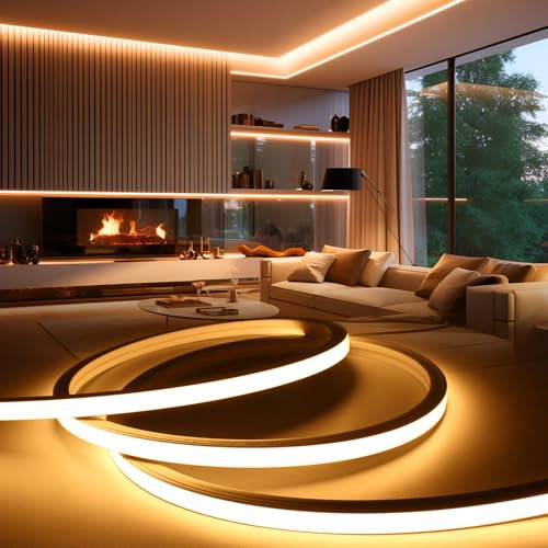 BRIMETI Striscia LED Neon 10M 220V Tubo LED Silicone Flessibile Esterno Impermeabile IP65 Nastri LED Luminosa 120 LED/M Corda Stringa Lampada, con Alimentatore di rete e Controller (Giallo)