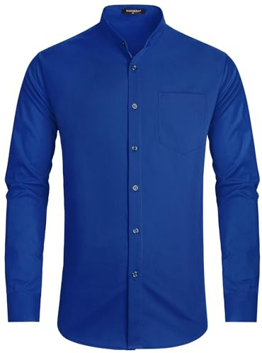 HISDERN Camisa Manga Larga Hombre Formal Azul Real Antiarrugas Cuello Mao Hombre de Vestir Negocios L