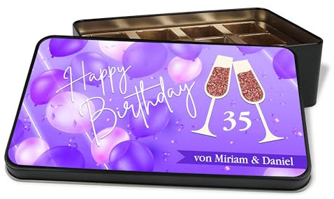 True Statements Geschenkdose personalisiert „Happy Birthday“ - Geburtstag Geschenk-Verpackung mit Zahl & Wunschtext - Metalldose zum Selbstbefüllen, 18x11 cm, Motiv: Sektgläser Luftballons